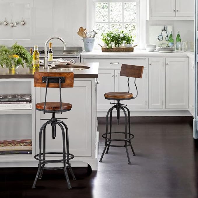 Set of 2-Industrial Bar Stools with Backrest-Swivel Wood Seat-Bar Counter Height Adjustable 26-32.2inch-Kitchen Island Dining Chair