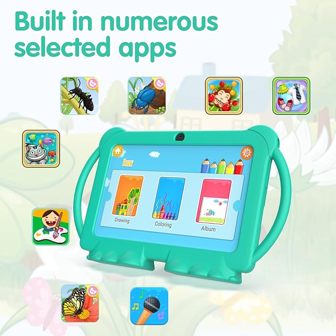 Kids Tablet 7 inch Android 12.0 for Toddler, 4GB RAM 32GB ROM Bluetooth IPS Screen Parental Control Dual Camera Shockproof Case for Educational Games, (Green)
