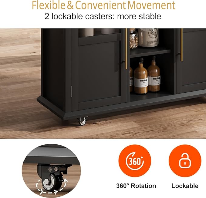 Mobile Modern Storage Island,Rolling Kitchen Island with Drop Leaf - Door Cabinet, Drawer, Bar Cart with Cabinet, Portable Cart Island Table for Kitchen, Black