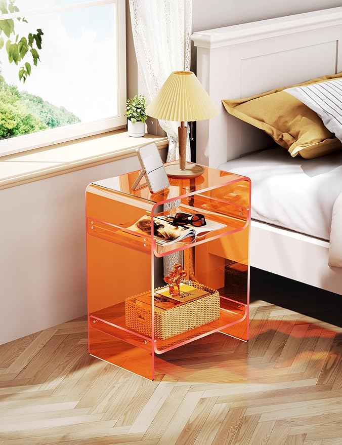 Acrylic Record Player Table with Storage Shelf, Clear Side Table Nightstand (Orange)