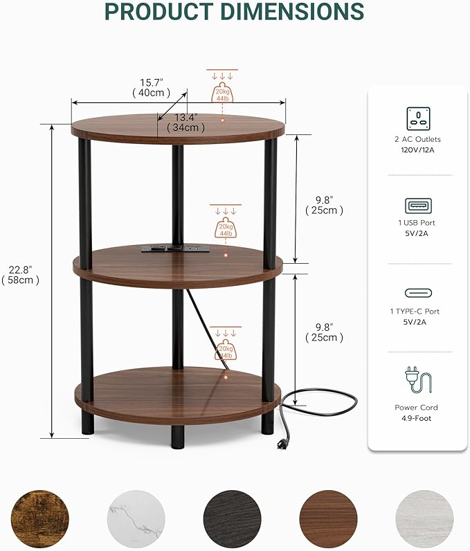 Small Round Side Table - 3-Tier Oval Accent Table for Small Spaces, Rustic Wood and Metal Nightstand for Living Room or Bedroom, with Built-in USB Ports and Power Outlet, Rustic Walnut