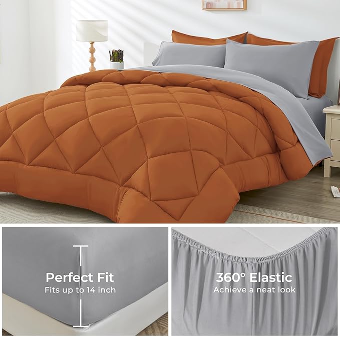 HEVUMYI Cali-King Comforter Set - 7-Piece All Season Bed in a Bag Cali-King, Ultra Soft Bedding Set with Comforter, Flat Sheet, Fitted Sheet, Pillowcases, Pillow Shams, Orange & Light Grey
