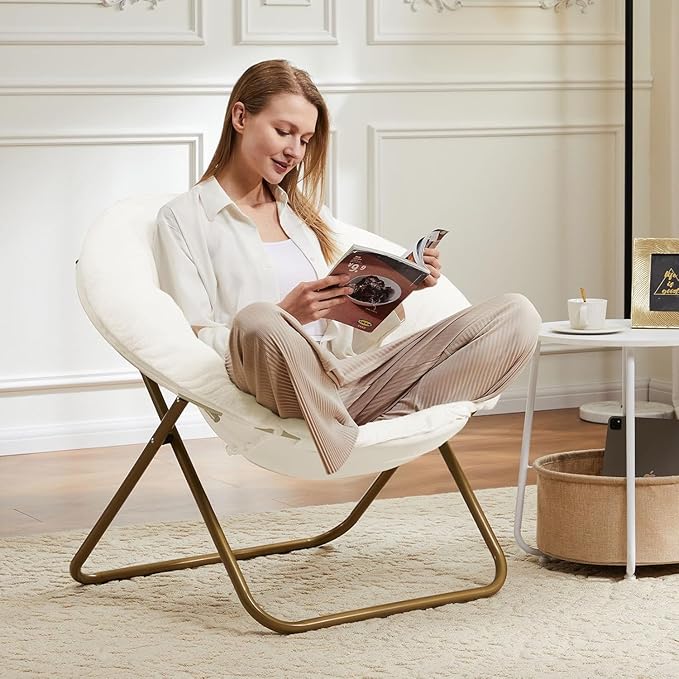 Saucer Chair Faux Fur with Soft and Thick Padded Seat Metal Frame, Modern Style Folding Cozy Chair for Living Room, Bedroom, XL, White