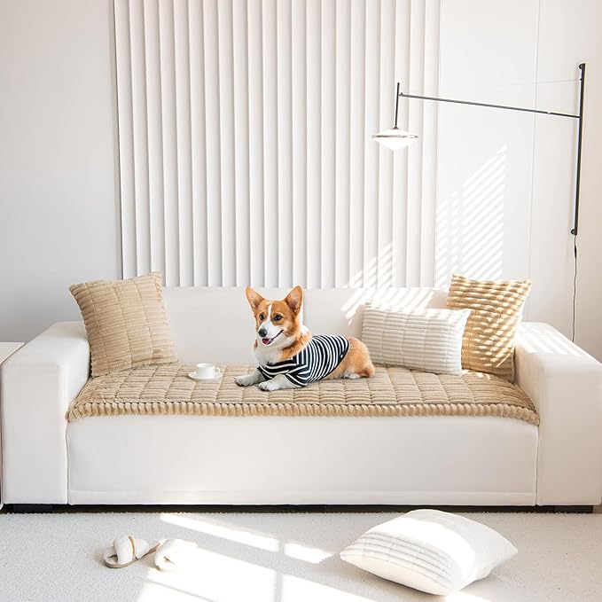 OTOB Dog Couch Covers for 3 Cushion Washable Non Slip Plush Pet Friendly Bed Mat Sofa Cover for Dogs, All Seasons Cozy Soft Fuzzy Furniture Protector Sofa Slipcovers (Coffee, 27.6" x 59.1")