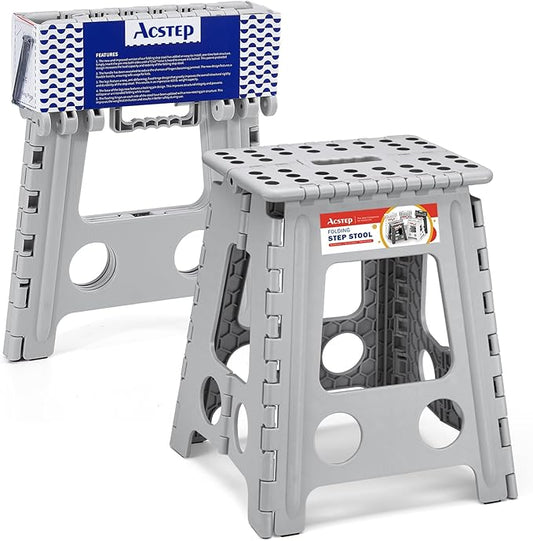 ACSTEP Folding Step Stool 16 Inch Heavy Duty Step Stool Foldable for Adults and Kids, Collapsible Stepping Stool with Handle, Non Slip Folding Stools for Kitchen Hold Up to 400lbs (Grey 1PC)
