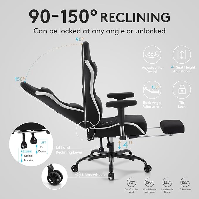 Gaming Chair Breathable Fabric,Computer Office Chair with Footrest,Massage Lumbar Support and Gel Pad,Ergonomic Reclining Gamer Chair with Adjustable Armrests and Spring Cushion Black Grey