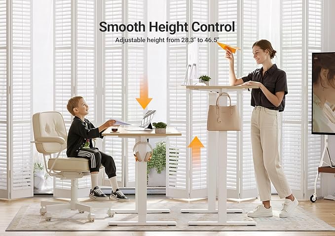 Seang Electric Standing Desk Adjustable Height, 40 x 24 Inch Sit Stand Desk with T-Shaped Frame, 3 Memory Presets & Cable Management for Home Office Computer Workstation, White Frame/Nature Top
