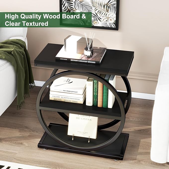 IBUYKE Narrow End Table with 3 Storage Shelves, Industrial Sofa Side Table, Double Round Metal Frames, Slim Nightstand and Bedside Table for Bedroom, Living Room, Black UTMJ418B