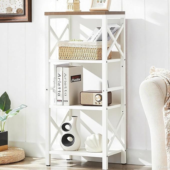 Small Bookshelf,4 Tier Industrial Bookcase with Metal Frame and Backboard,Narrow White Book Shelf,Book case for Small Spaces,Living Room,Bedroom and Home Office