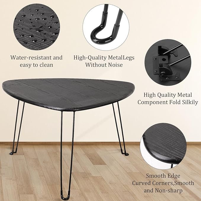 Black Folding Coffee Table Wooden Triangle Floor Table Desk for Sitting on The Floor Coffee Tables Small Oval Coffee Table Mid Century Modern Center Sofa Table for Living Room Home Office