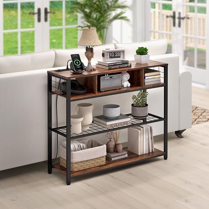 Console Tables with Charging Station, 4 Tier Narrow Sofa Tables with Storage Shelves, Entryway Tables with Outlet and USB Ports, Behind Couch Table for Living Room Hallway, Rustic Brown