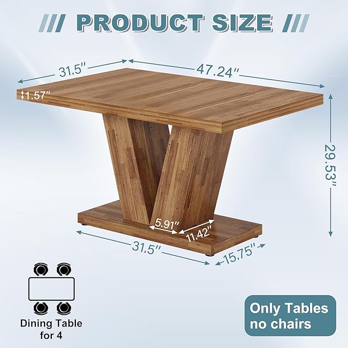 Dining Table for 4-6, 47" Farmhouse Dinner Table with with Wooden Tabletop and Heavy Duty Pedestal Wooden Rectangular Kitchen Tables for Dining Room, Kitchen, Living Room, Walnut Brown