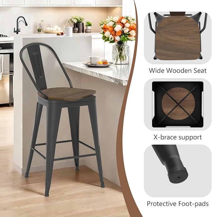 26” Swivel Bar Stools Set of 4, Counter Height Bar Stools Wooden Seat, Metal Industrial Bar Chairs with High Back for Kitchen Island (Black)