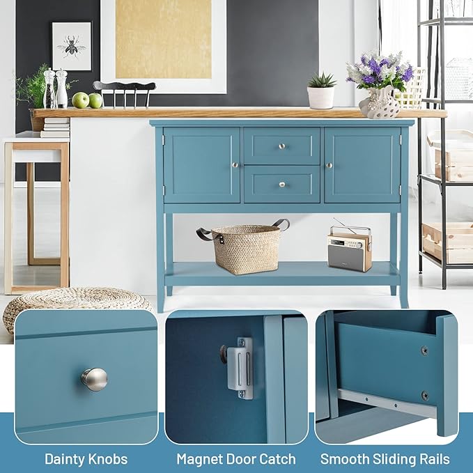 COSTWAY Buffet Sideboard, with 2 Wood Storage Drawers & Open Shelf, Console Table for Living Room Kitchen Dining Room Furniture (Blue)