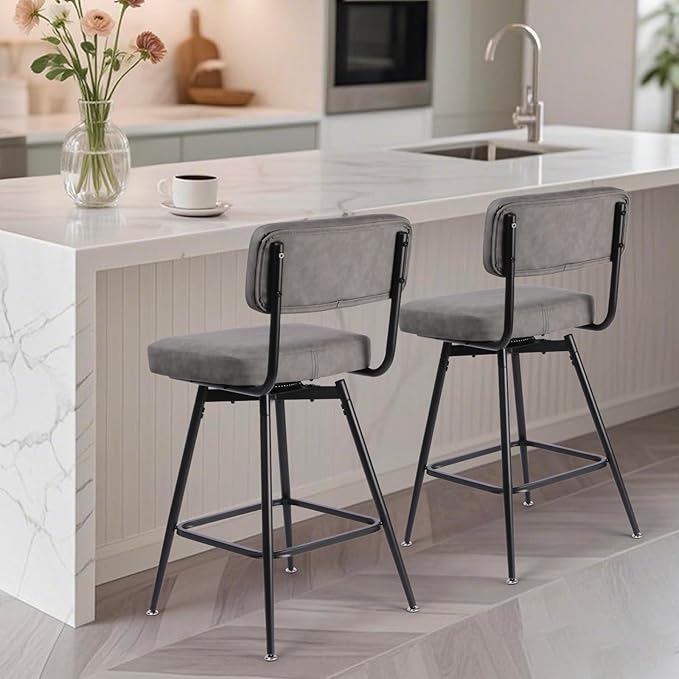Swivel Counter Height Bar Stools Set of 2, Faux Leather Bar Stools with Back, Metal Legs and Footrest, 26" Seat Height Barstools for Kitchen Islands and Home Bars, Easy Assembly, Grey&Black