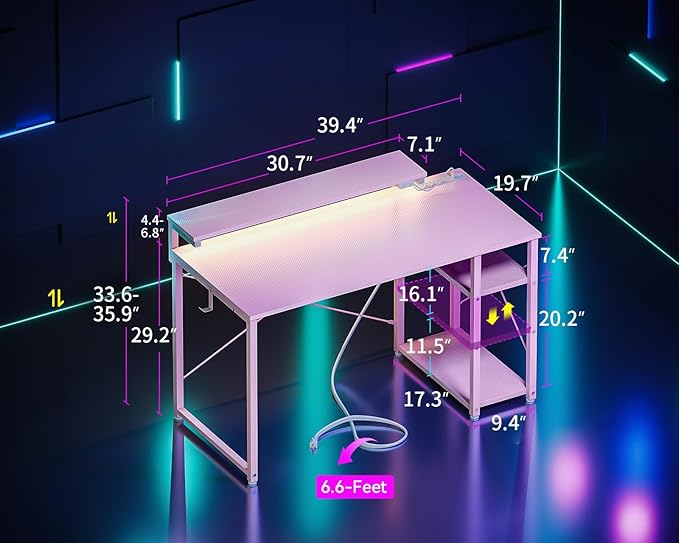 MOTPK 40 Inch Small Gaming Desk with Storage & Led Lights, Computer Desk with Power Outlet & Shelf, Reversible Gamer Desk with Adjustable Monitor Stand, Carbon Fiber Texture Pink