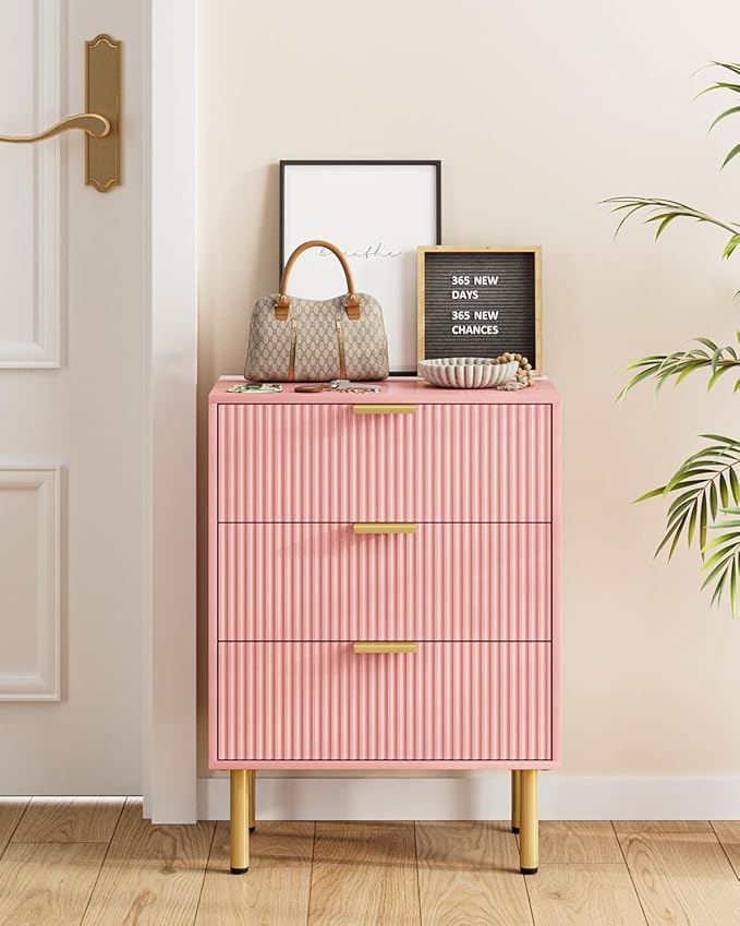 Night Stand,Tall Bedside Table with 3Storage Drawers,Pink nightstand,Bedside Furniture,Side Table with Gold Frame,Drawer Dresser for Bedroom,Living Room (Modern-3drawers, Pink)