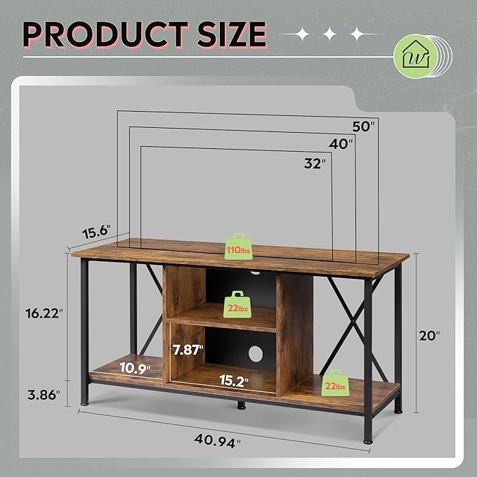 WLIVE TV Stand up to 45 Inch TV, 41" Entertainment Center with Open Storage Shelf for Living Room, Rustic Brown