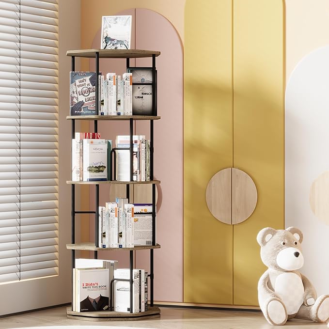 4 Tier Rotating Bookshelf, 360 Display Round Spinning Bookshelf Tower for Kids Room, Corner Shelf for Living Room, Office, Bedroom, Black