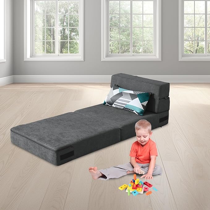 ANONER Fold Out Chair Bed Memory Foam with Pillow Futon Couch Folding Sleeper Chairs, Convertible Chair Bed Dark Gray, Single Size