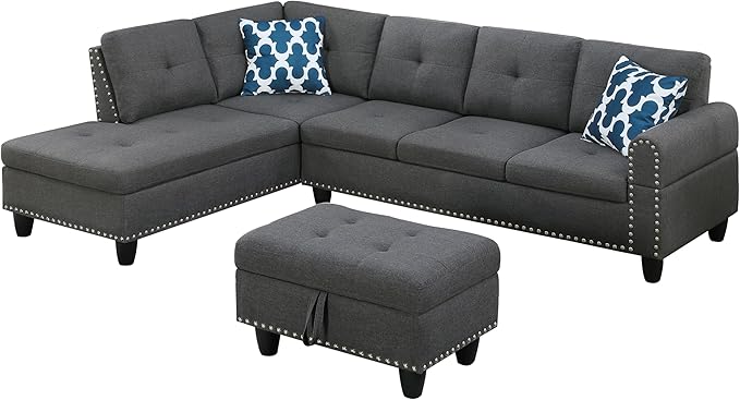 Ball & Cast 98" L Shaped Modular Sectional Couch for Living Room with Chaise & Storage Ottoman,4 Seat Linen Upholstered Sectional Sofa Set 3 PCS W/Cup Holders & Coffee Table,for Home,Office,Dark Gray