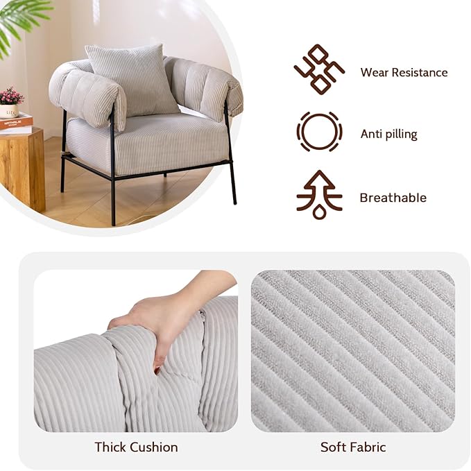 HollyHOME Modern Velvet Accent Chair with Ottoman, Upholstered Comfy Reading Chair and Footstool, Fabric Large Lazy Arm Chair and Stool, Lounge Sofa Chair for Living Room, Bedroom, Grey Chair&Stool