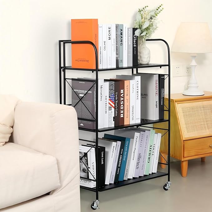 Foldable 3-Tier Metal Shelf with Wheels - Folding Bookshelf Unit for Living Room, Kitchen, Study 12.6" D x 23.6" W x 33.8" H, Matte Black