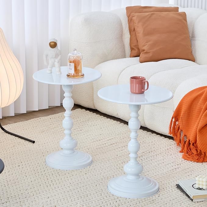 Chic Vintage Round Side Table with Elegant Roman Columns - Sturdy Metal Construction, Perfect for Coffee, End, Tea, or Leisure Use in Living Room or Bedroom Decor (White 1 Pack)