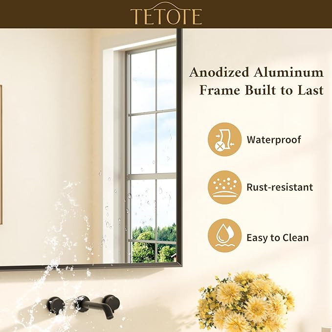 TETOTE Black Mirror for Bathroom Sink 24" x 32" Matte Black Beveled Metal Frame Bathroom Vanity Rectangle Mirror for Wall, Modern Farmhouse, Tempered Glass, Shatterproof, Stronger Frame
