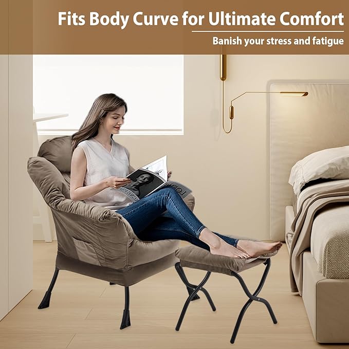 Lazy Chair with Folding Ottoman, Accent Chair Velvet Upholstered with Metal Structure and Non-Slip Pads, Sofa Armchair with Footrest and Side Storage Bag for Dorm, Room, Office, Dark Gray