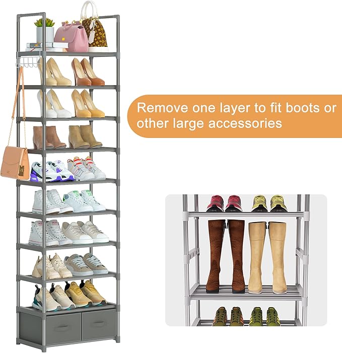 Shoe Rack, Sturdy Metal Shoes Rack Organizer,Narrow Shoe Rack,Shoe Racks for Closets,Shoes Rack,Shoe Stand,Shoe Shelf (10 Tier with 2 Boxes and 1 Hook)