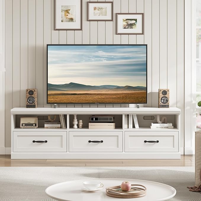 GarveeHome TV Stand for 65/70/75 Inch TV, Entertainment Center with Storage Drawer, Mid-Century Modern TV Console with Open Shelves, 70in Media TV Cabinet for Living Room, Bedroom, Antique White