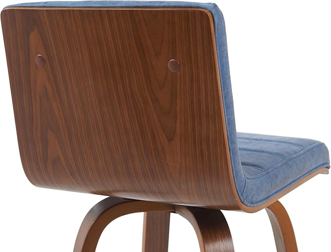 Armen Living Vienna Modern Swivel 30" Bar Height Barstool with Vintage Blue Faux Leather and Walnut Wood Finish
