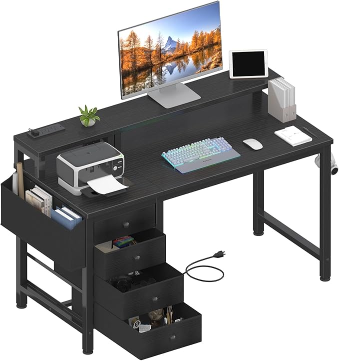 Lufeiya Gaming Desk with LED Lights and Power Outlets, 47 inch Computer Desk with Fabric Drawers, Reversible Home Office Desk with Monitor Stand, Black