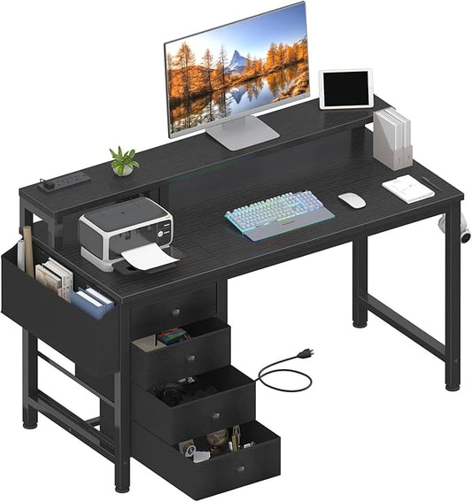 Lufeiya Gaming Desk with LED Lights and Power Outlets, 47 inch Computer Desk with Fabric Drawers, Reversible Home Office Desk with Monitor Stand, Black