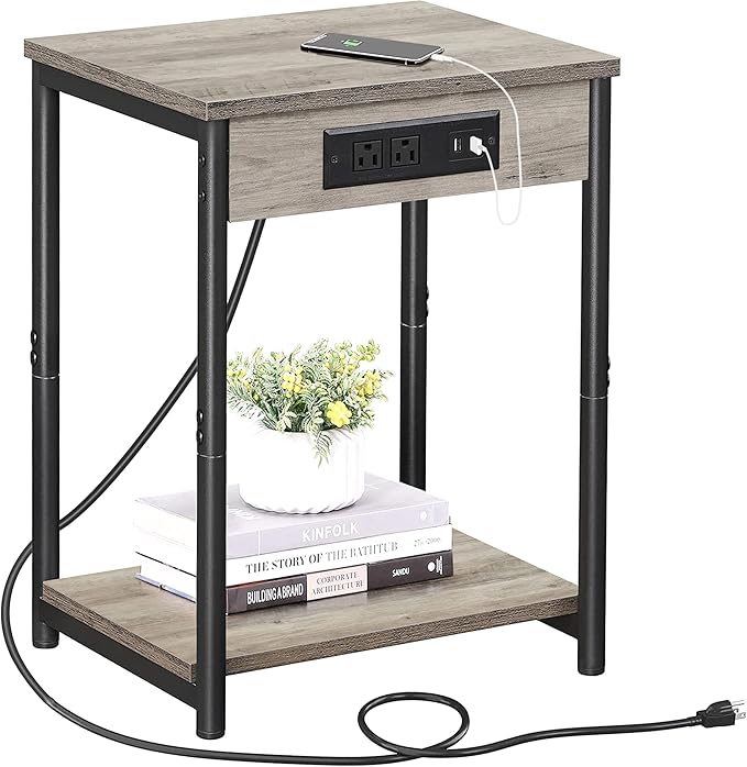 TUTOTAK End Table with Charging Station, Side Table with 2 USB Ports and 2 Outlets, 21.8”H 2-Tier Nightstand with Storage Shelf, Sofa Table TB01BG025 (1 pc)