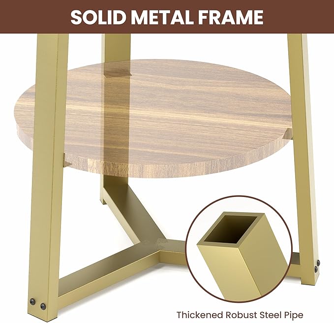 PPAMAPIC Round End Table, 2 Tier Side Table with Storage Shelf, Nightstand Accent Table for Living Room Bedroom Small Space, Golden Metal Frame, 19.7" D x 23.6" H, Rustic Brown