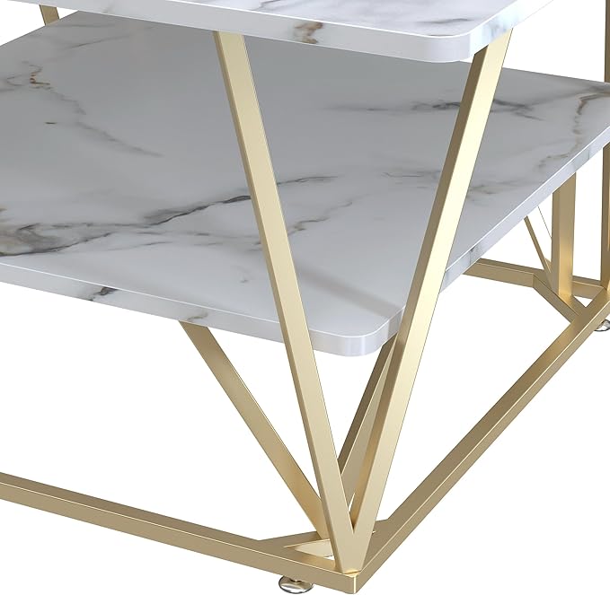 Elephance Square Coffee Table for Living Room, 31.5 Inch Modern Coffee Table with Storage, 2-Tier White and Gold, Wooden Tabletop-Marble White with Gold Frame
