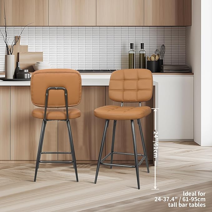 Bar Stools Set of 2, 24 Inch Upholstered Metal Barstool with Back and Footrest, Bar Chair with Metal Base for Dining Room Counter Island, Brown