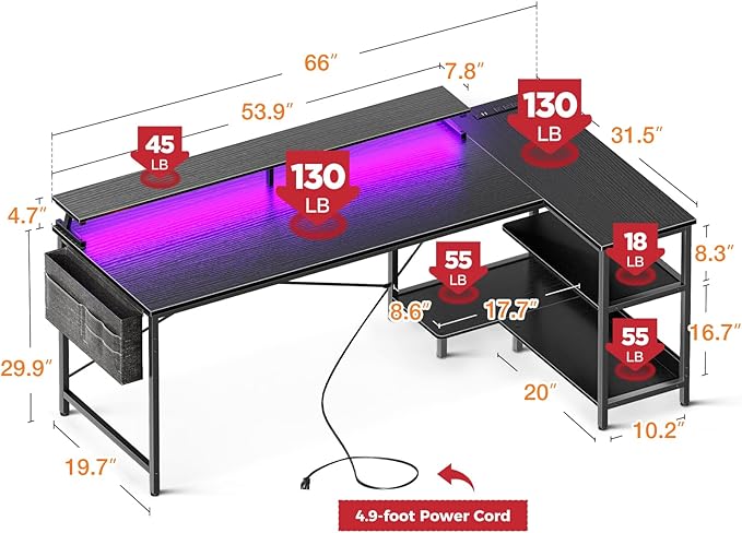 ODK 66 Inch Gaming Desk with USB Charging Ports and LED Lights, Reversible L Shaped Computer Desk with Storage Shelves & Monitor Stand, Corner Gamer Desk Table with Power Outlets, Carbon Fiber Black