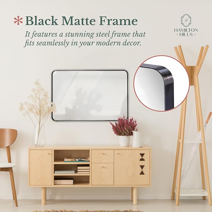 Hamilton Hills 24x36 Inch Metal Black Frame Mirror for Bathroom - Brushed Rectangular Rounded Corner Vanity - 2" Deep Set Design Large Wall Mirrors Decorative - Hangs Horizontal and Vertical