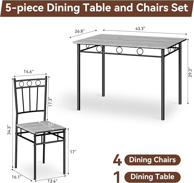 Vipbear Kitchen Dining Table Set for 4, 5-Piece Kitchen Table Set,Dining Room Table Sets,Rectangular Kitchen Table Set with 4 Chairs for Small Space, Dinette,Apartment,Rustic Grey