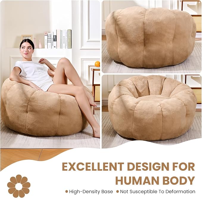 Bean Bag Chair with Filler Included, Faux Fur Comfy Chair with Petal Arm Rest Fluffy Reading Chair for Bedroom, Living Room, Dorm, Game - Taupe, Large, Low Support