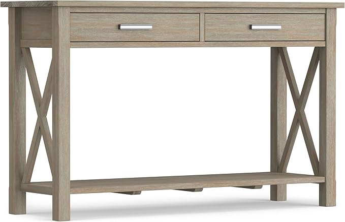 SIMPLIHOME Kitchener Console Table - 47 Inch Wide Solid Wood Sofa Table in Distressed Grey, Contemporary Storage Table for Entryway or Living Room with 2 Drawers, Bottom Shelf, and X-Design Sides