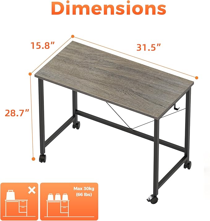 Rolling Computer Desk with Wheels, Gaming Desk for Small Spaces, Modern Simple Style Table for Home Office, Study Writing Table (Caster, Stone Gray, 32 inch)