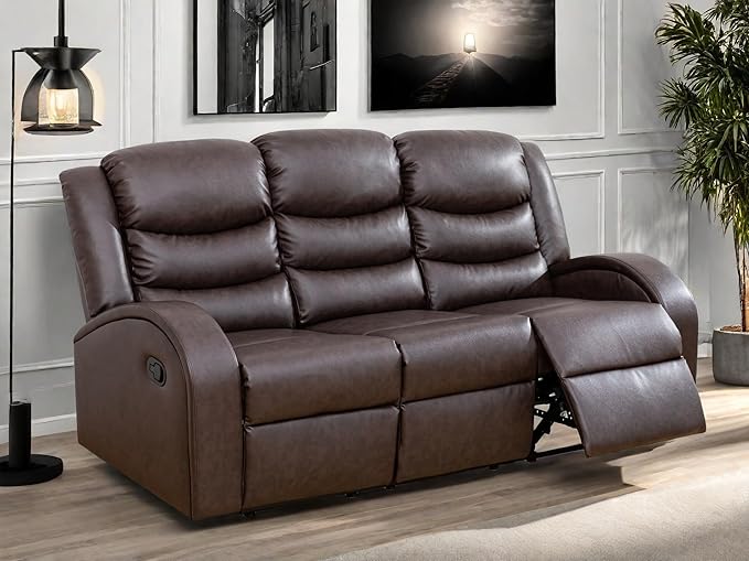 Leather Recliner Sofa Couch, 3-Seater Home Theater Seating Reclining Sofa, Power Reclining Couch with Cup Holders & Drop Down Table for Living Room Furniture Sets, Red