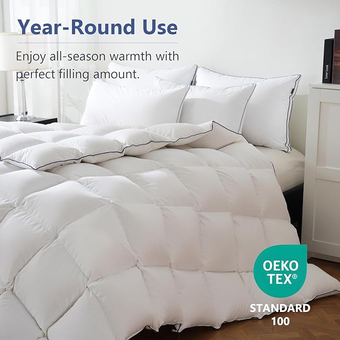 DOWNCOOL Feather Comforter Oversized Queen, 100% Cotton White Duvet Insert, All Season Ultra Soft Hotel Collection Bedding Comforters with Corner Tabs, Oversized Queen Size 98 x 98 Inch