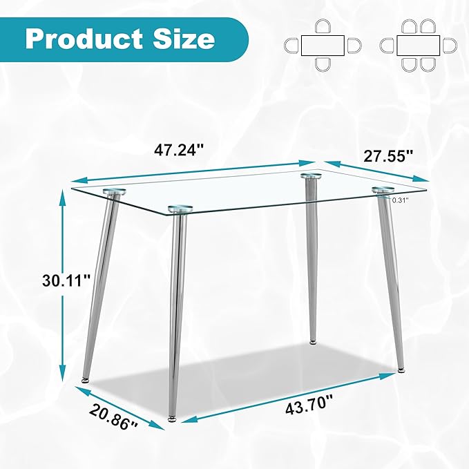 Dining Table for 6 Rectangular 47.2" Modern Glass Dining Table Kitchen & Dining Room Tables with Glass Tabletop and Metal Legs for Dining Room, Clear
