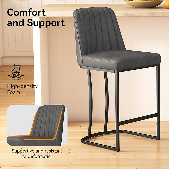 Bar Stools Set of 2, Faux Leather Counter Height Barstools, Upholstered Kitchen Counter Stools with Back and Stitching, 25.6" H Kitchen Island Stools Bar Chair, Metal Framed, Black Grey