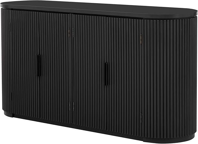 Merax 63" Large Sideboard, Vertical Striped Storage Cabinet with 4 Door, Metal Handles, Adjustable Shelf, Suitable for Study, Entryway and Living Room, Black
